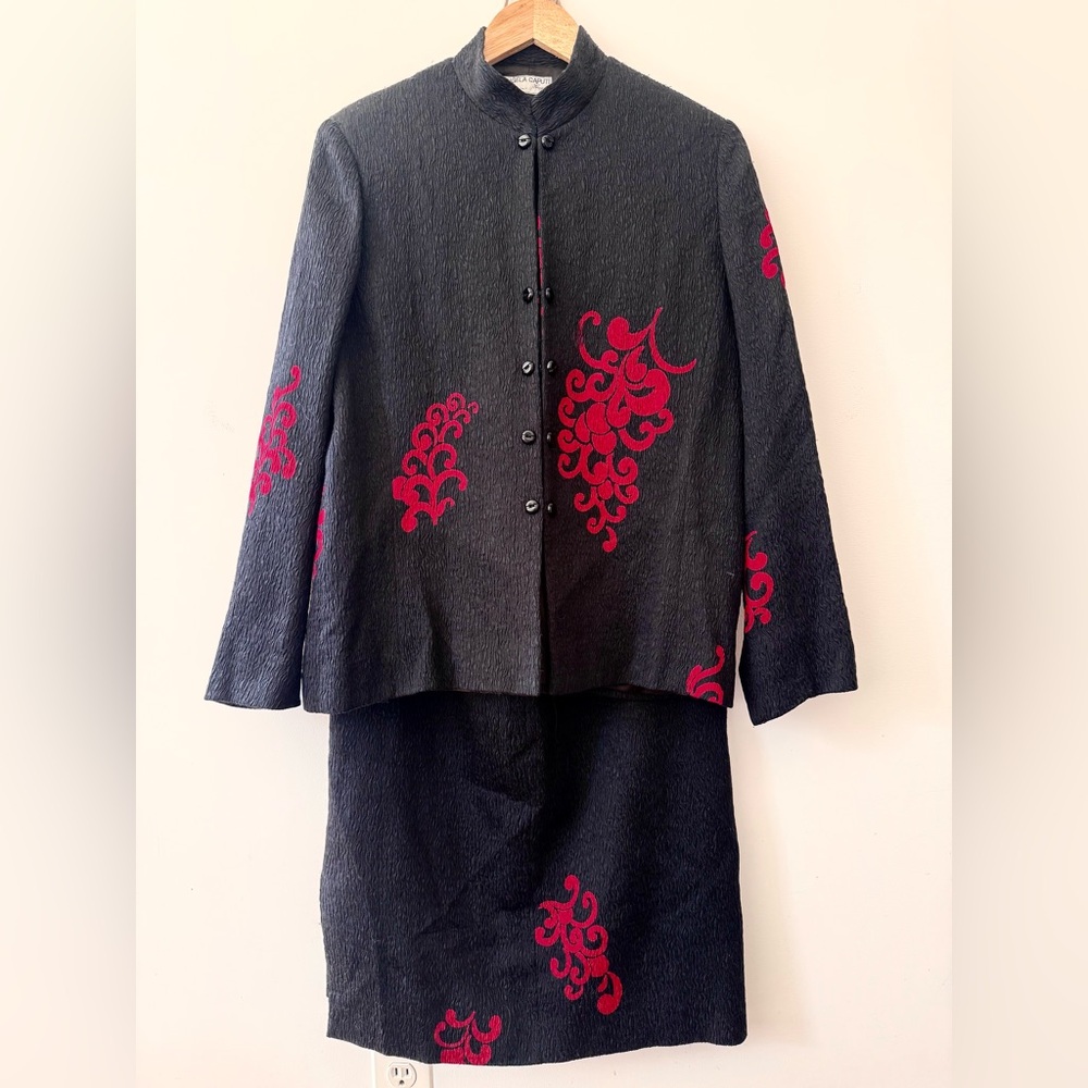 Vintage Angela Caputi Silk and Wool Jacket and Skirt Black and Red - Women's